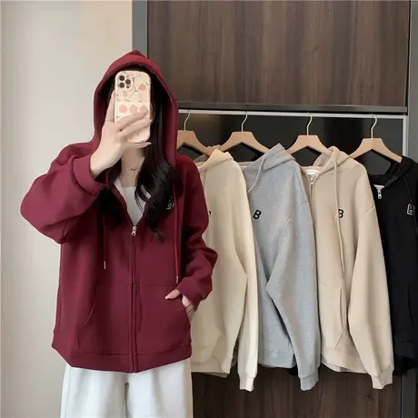 连帽开衫拉链加绒加厚卫衣女春秋冬季宽松大码长袖薄款上衣服外套图片