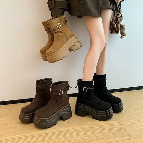 复古英伦风厚底短靴女2025年新款增高显瘦棕色靴子气质百搭马丁靴商品大图