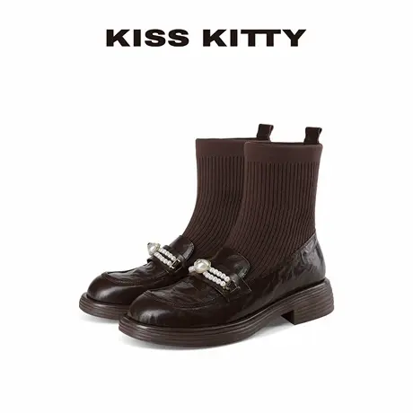 KISSKITTY玛丽珍羊皮短靴女2025秋冬新款通勤英伦风女靴增高袜靴商品大图