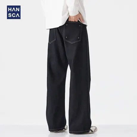 hansca丹宁牛仔裤男款2025新款秋季微喇宽松休闲阔腿青少年长裤子商品大图
