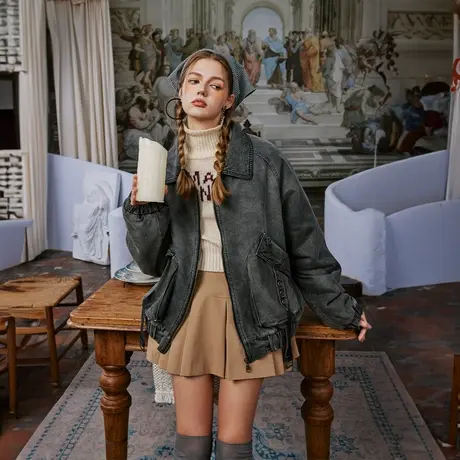 潮牌复古做旧棉服女冬季加厚牛仔外套2023新款设计感水洗宽松棉衣商品大图