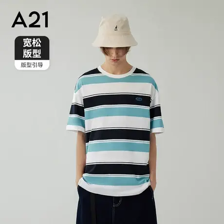 A21outlets男装针织宽松圆领落肩短袖T恤夏季款经典撞色条纹上衣商品大图
