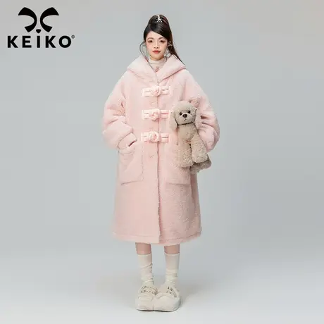 KEIKO [夹棉] 玫瑰粉羊羔毛绒大衣秋冬大盘扣仿皮毛一体长款外套商品大图