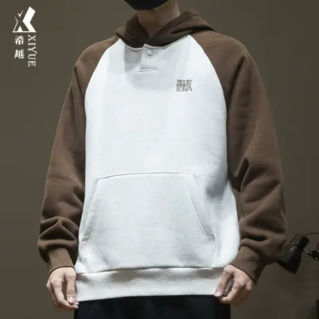 秋冬美式高街风撞色卫衣男宽松大码重磅加绒连帽衫潮牌刺绣上衣服图片