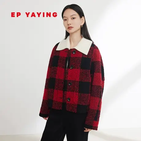 EP雅莹女装 美利奴羊毛新年红格纹撞色毛呢外套 2023秋冬新1256A图片