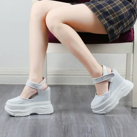 14CM包头坡跟凉鞋女法式配裙子高跟鞋防水台厚底休闲内增高小白鞋商品大图