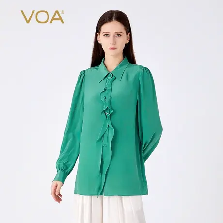 VOA桑蚕丝双绉灰绿色POLO领衬衫袖单排扣活页装饰露背真丝衬衫女商品大图