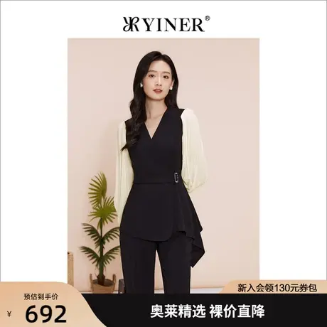 YINER音儿女装2023春季新款V领假两件衬衫上衣商品大图