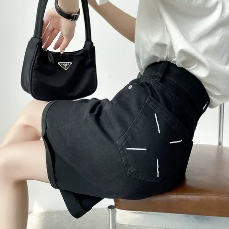 黑色五分高腰牛仔短裤女2024夏季薄款卷边直筒a字显瘦阔腿中裤子图片