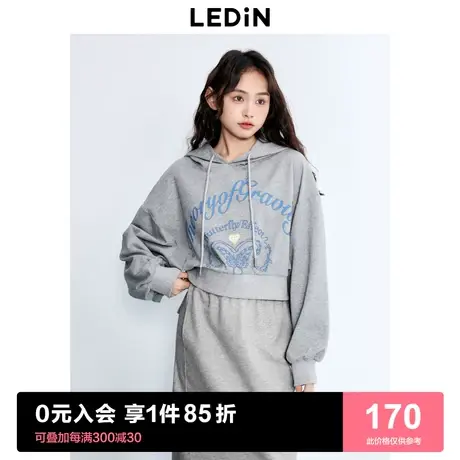 乐町印花连帽宽松短上衣舒适连帽衫2023年秋季新品蝙蝠袖短卫衣图片