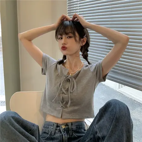 夏季女装大码胖mm法式绑带短袖t恤女韩版百搭显瘦短款设计感上衣商品大图