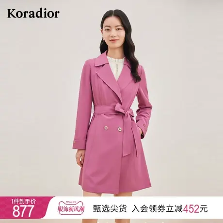 珂莱蒂尔女装2023冬季新款通勤紫红修身收腰中长款双排扣风衣外套图片