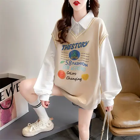 卫衣女春秋季韩版宽松大码女装薄款polo领长袖t恤假两件上衣外套商品大图