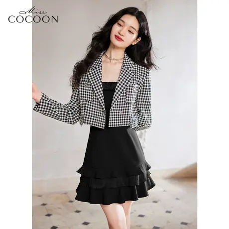 MISSCOCOON高级感格子小西装外套女2023新款春季复古显瘦短外套商品大图