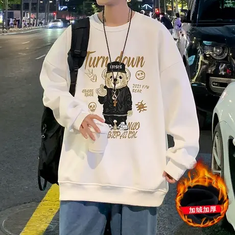 美式潮牌小熊印花卫衣男秋冬季新款圆领内搭落肩廓形情侣装打底衫商品大图