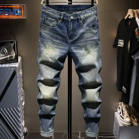 欧美潮牌复古做旧男士牛仔裤男宽松直筒百搭弹力百搭高档长裤子男商品大图