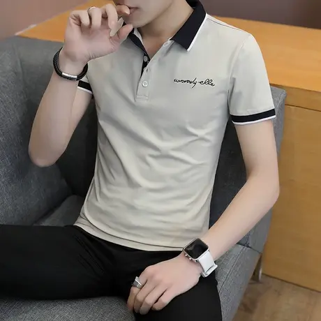 2025夏季新款男士短袖t恤衬衫领半袖polo衫青年潮流刺绣男装衣服商品大图