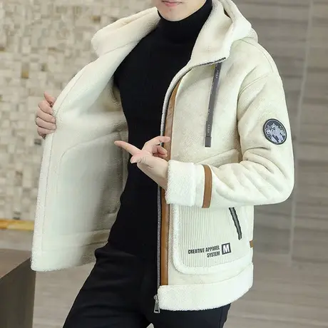 羊羔绒连帽夹克男冬季加绒加厚皮毛一体男生外套秋冬款拼接机车服商品大图