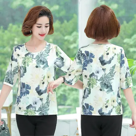 妈妈中袖夏装2021新款中年女仿真丝上衣印花衬衫中老年人洋气小衫图片