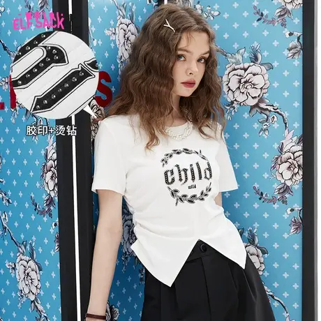 妖精的口袋修身白色正肩t恤女2023夏季新款短袖设计感显瘦上衣潮商品大图