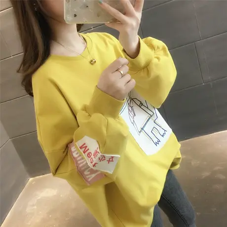 2023春装新款韩版印卡通卫衣女圆领打底衫宽松上衣袖子破布字母潮图片