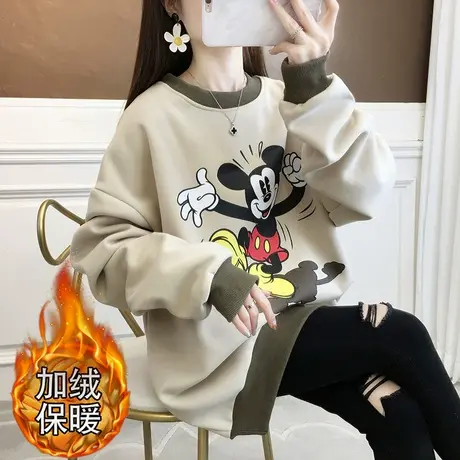加绒加厚中长款卫衣女米奇圆领套头2023秋冬新款宽松慵懒风大码衣商品大图