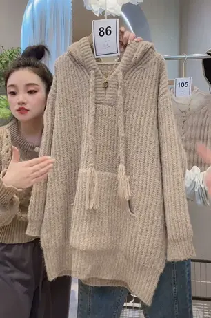 2022秋冬新品韩版宽松百搭连帽套头中长款卫衣针织衫毛衣外套打底图片