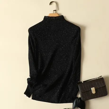 蕾丝半高领毛衣打底衫女春装2024新款黑色修身长袖内搭上衣针织衫商品大图