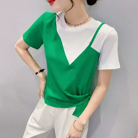 设计感吊带假两件T恤女短袖2024夏季新款宽松遮肚上衣撞色小衫潮商品大图