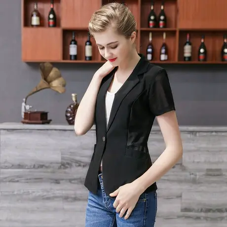 短袖修身小西装女夏薄短外套2024新款时尚网纱西服小披肩短款上衣图片