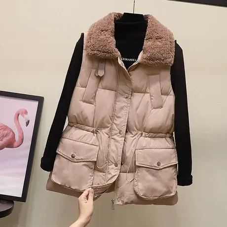 羊羔毛拼接羽绒棉马夹女韩版2023秋冬新款中长款加厚保暧马甲外套商品大图