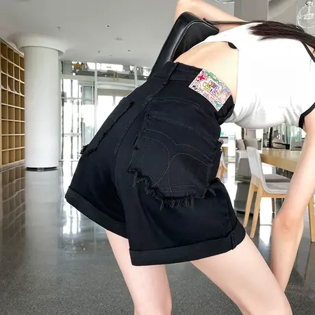 黑色高腰牛仔短裤女夏季薄款宽松显瘦小个子a字5分百搭阔腿中裤子商品大图