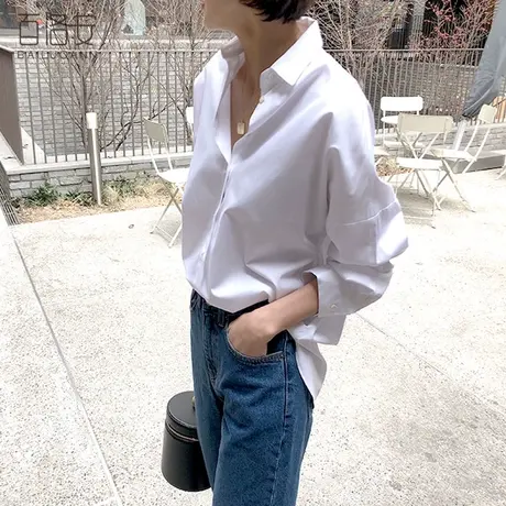 百洛安白色衬衫女装宽松显瘦衬衣秋装新款气质百搭职业装长袖上衣图片