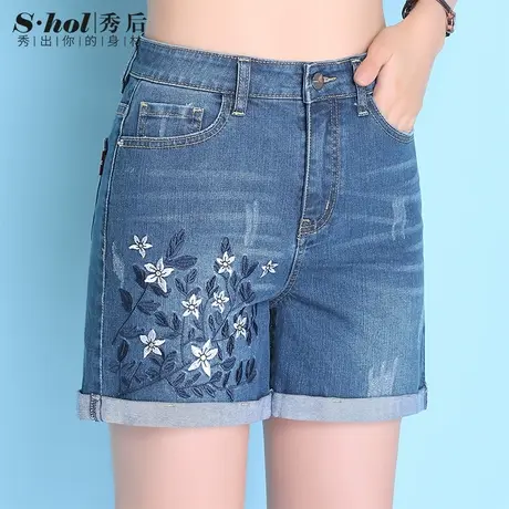 秀后宽松大码绣花牛仔短裤女夏季薄款高腰中年妈妈胖mm直筒三分裤商品大图