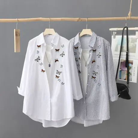 文艺刺绣衬衫女装纯棉秋款2024新款时尚小众中长款宽松白衬衣女装商品大图