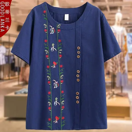 中老年加肥加大码短袖t恤女200斤夏装中年胖妈妈宽松绣花棉麻上衣商品大图