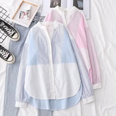 前短后长拼接衬衫女外穿百搭宽松韩版洋气休闲衬衣不规则上衣春装商品大图
