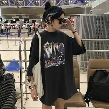 纯棉超火cec短袖t恤女2019新款韩版ins潮宽松慵懒风丧系上衣服丅图片