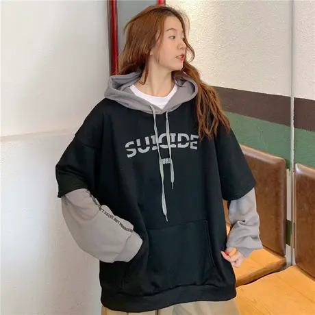 waitmore卫衣女秋冬2019韩版ins假两件宽松bf慵懒风加绒加厚外套商品大图