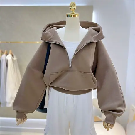 秋季新款复古纯色短款半开拉链宽松高级设计连帽卫衣女外套单穿商品大图