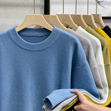 加厚净色套头毛衣男秋冬季简约百搭圆领针织衫情侣宽松打底毛线衣商品大图