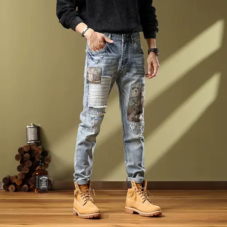 美式高街牛仔裤男款修身小脚高档牛仔裤男士时尚百搭潮流牛仔裤商品大图