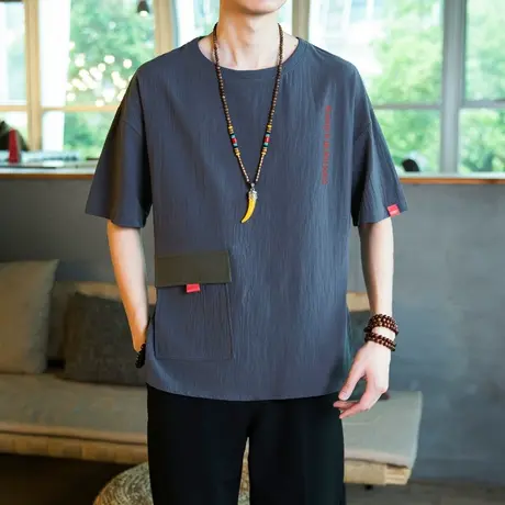 亚麻短袖T恤男潮牌潮流男装2022夏季薄款宽松工装大码半袖衣服男商品大图