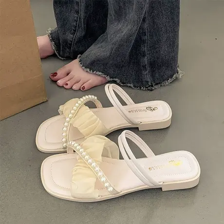 网红绝美平底凉拖鞋女夏外穿配裙子2023新款法式高级感外出沙滩鞋图片