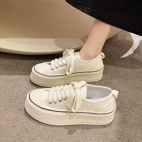 厚底渔夫小香风帆布鞋女夏秋季2023新款小个子厚底增高板鞋ins潮商品大图