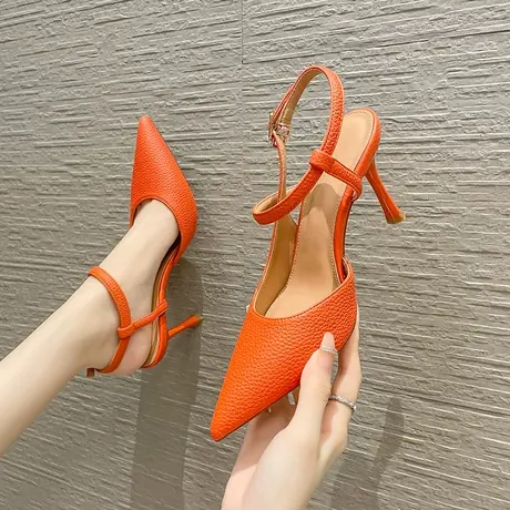 尖头高跟鞋女细跟2024年夏季新款一字带中空单鞋时尚软皮包头凉鞋图片