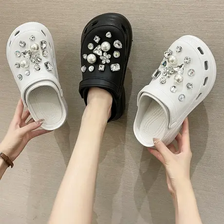 洞洞鞋女时尚外穿2025夏新款珍珠水钻增高厚底防滑包头沙滩凉拖鞋图片