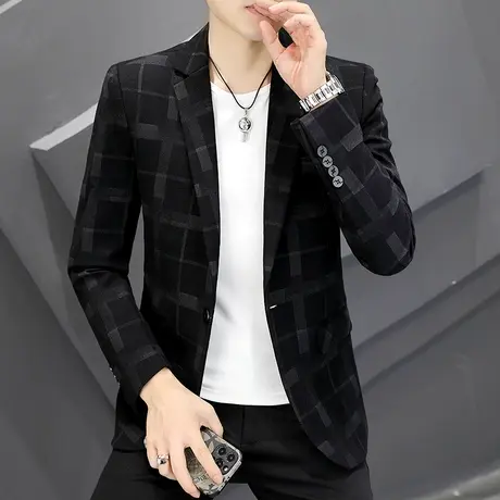 男士高端通勤西装秋冬季潮流格子外套轻熟风男装商务休闲开叉西服商品大图