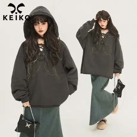 KEIKO 铆钉蝴蝶图案连帽卫衣女2024早春美式复古oversize宽松外套图片