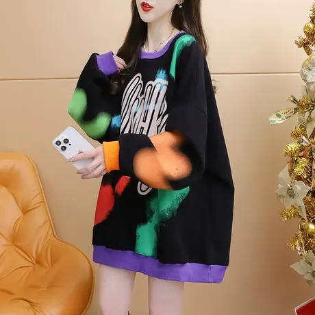 扎染卫衣女加绒加厚中长款2024新款早春季宽松慵懒风欧版大码上衣商品大图